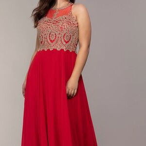 Anny Lee red chiffon formal prom dress gold brocade bodice Sz XXXL halter